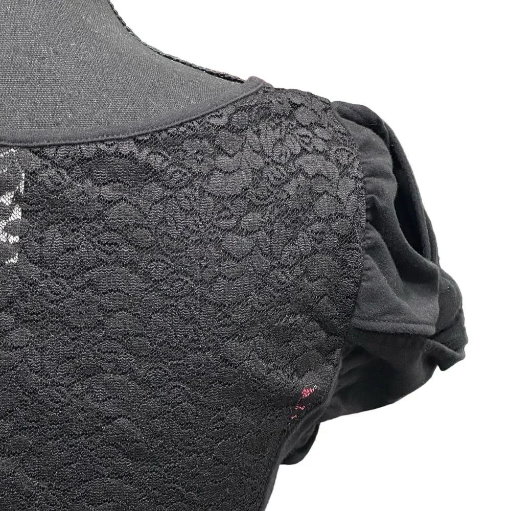 Free People Womens Cotton Floral Lace Puff Sleeve A-Line Dress Black‎ Size L